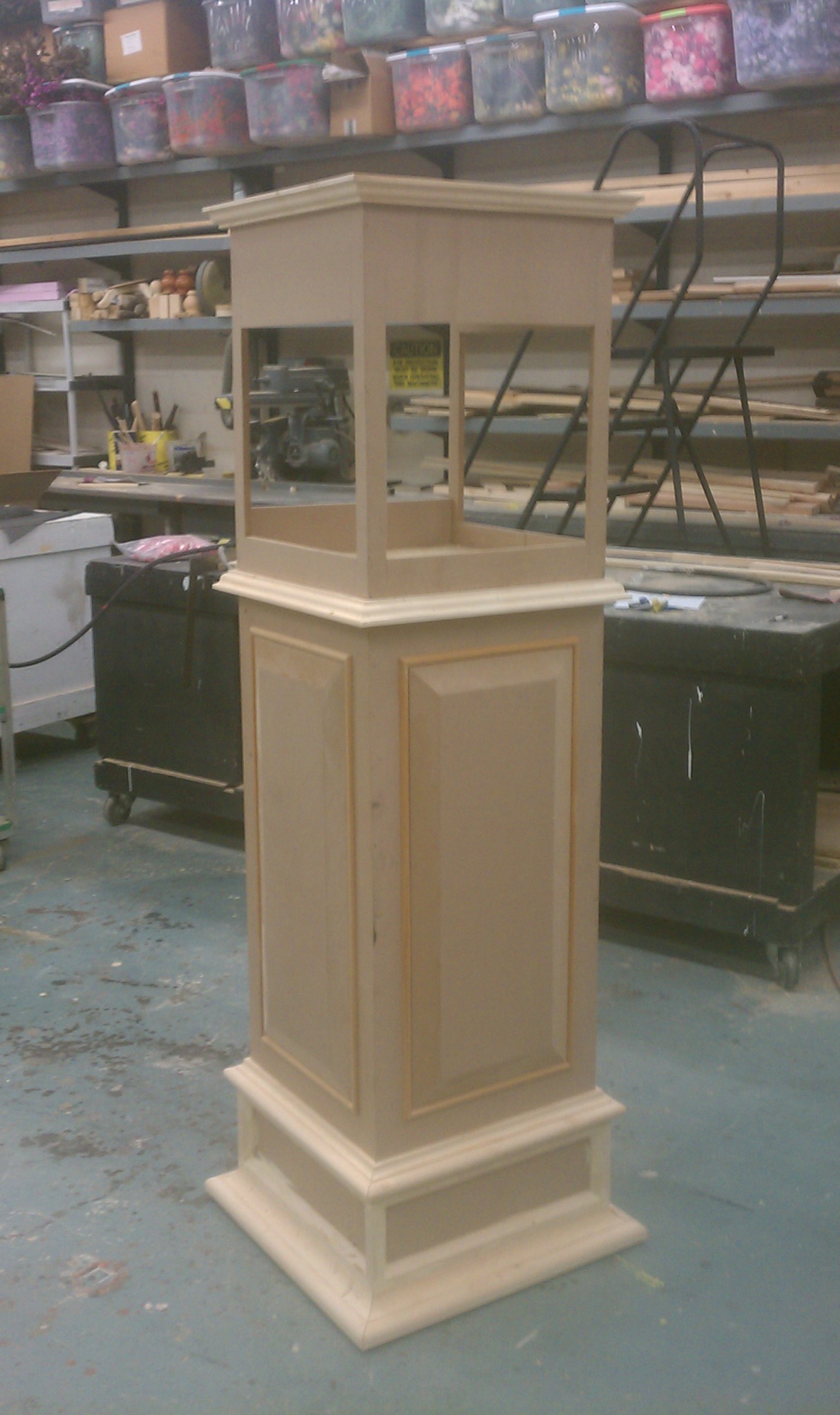 The base of the clock during assembly. All the molding was made for this clock except the 1/2 round.